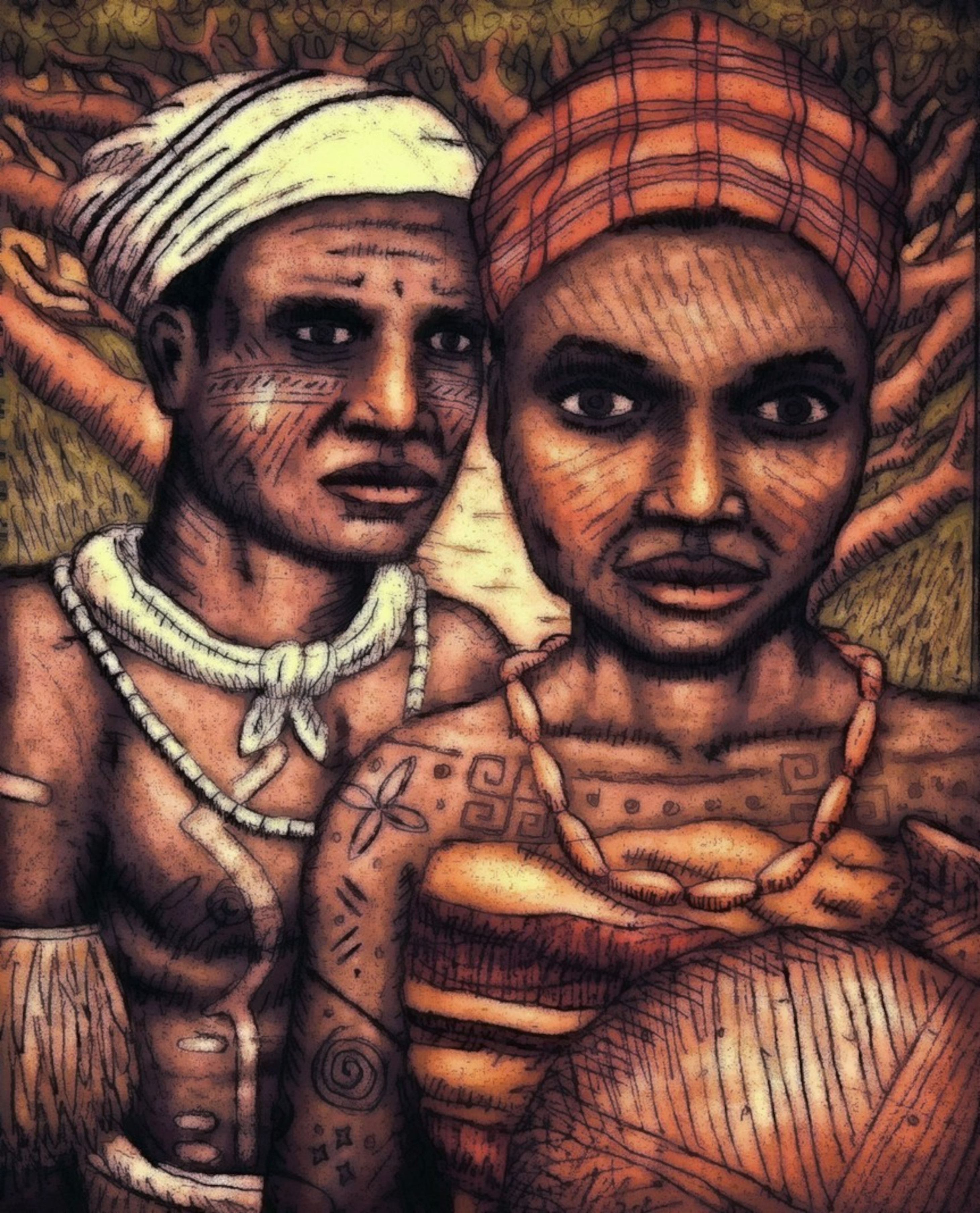Ancient  Igbo-Ukwu man and woman with uli and ichi, nigerian