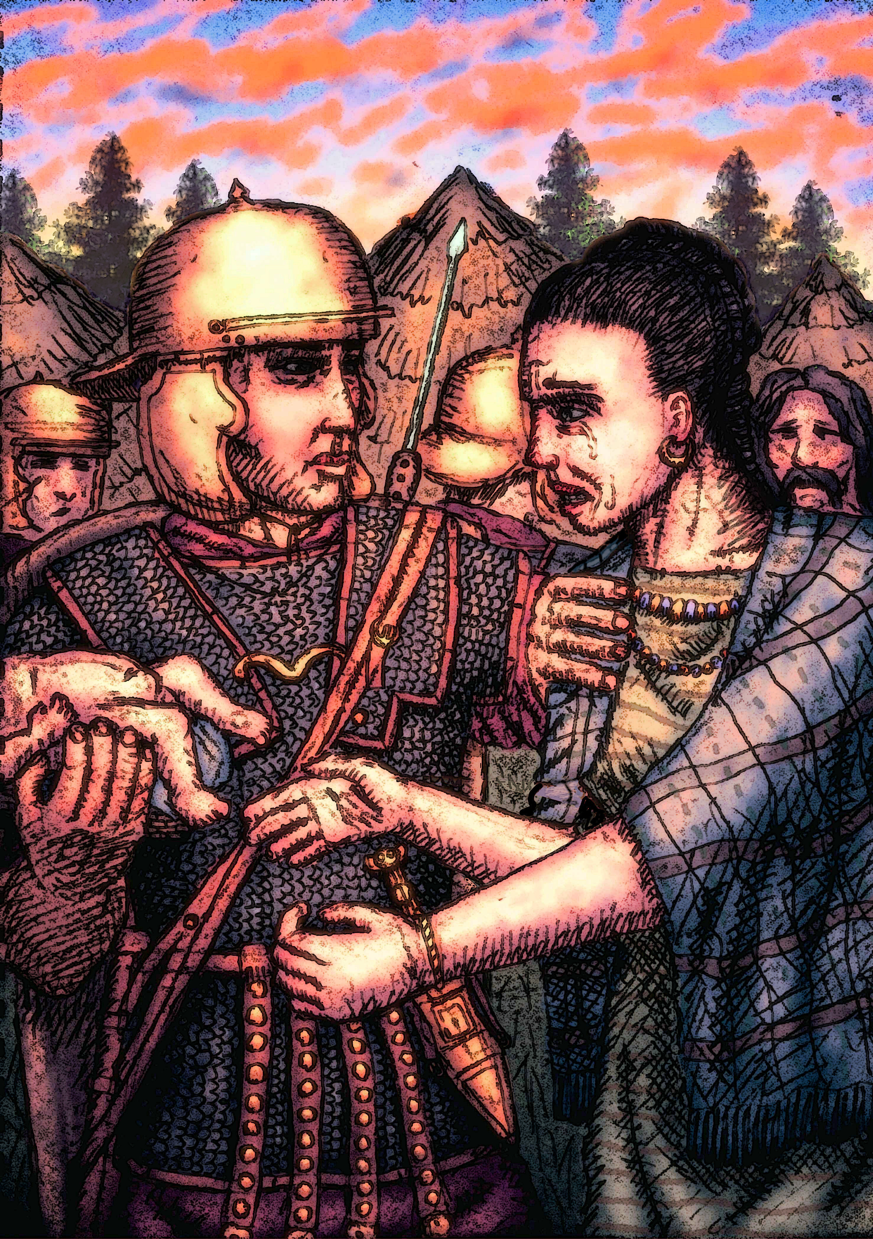 roman late republican legionary in caesar's gallic war taking a child from a celtic woman