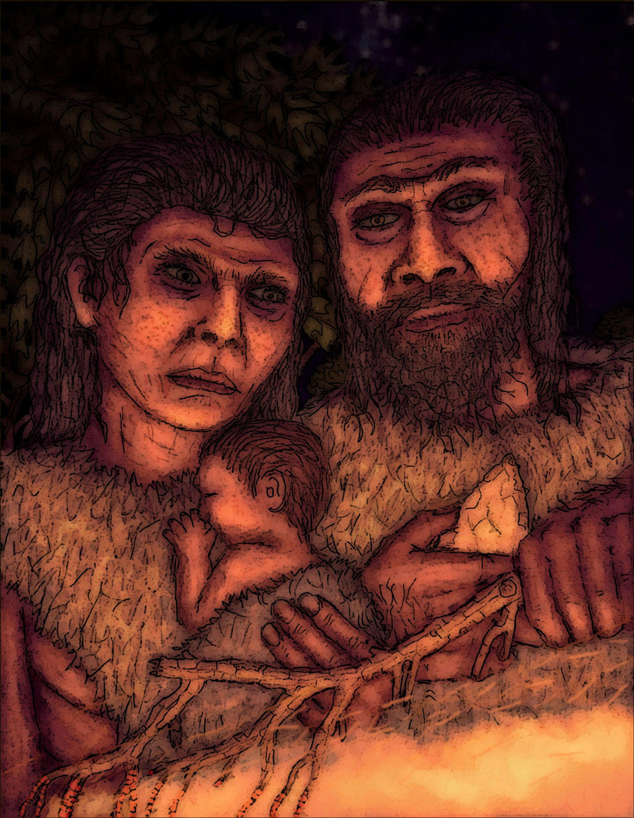 Illustration of a Homo erectus family with early humans wearing fur and using primitive tools