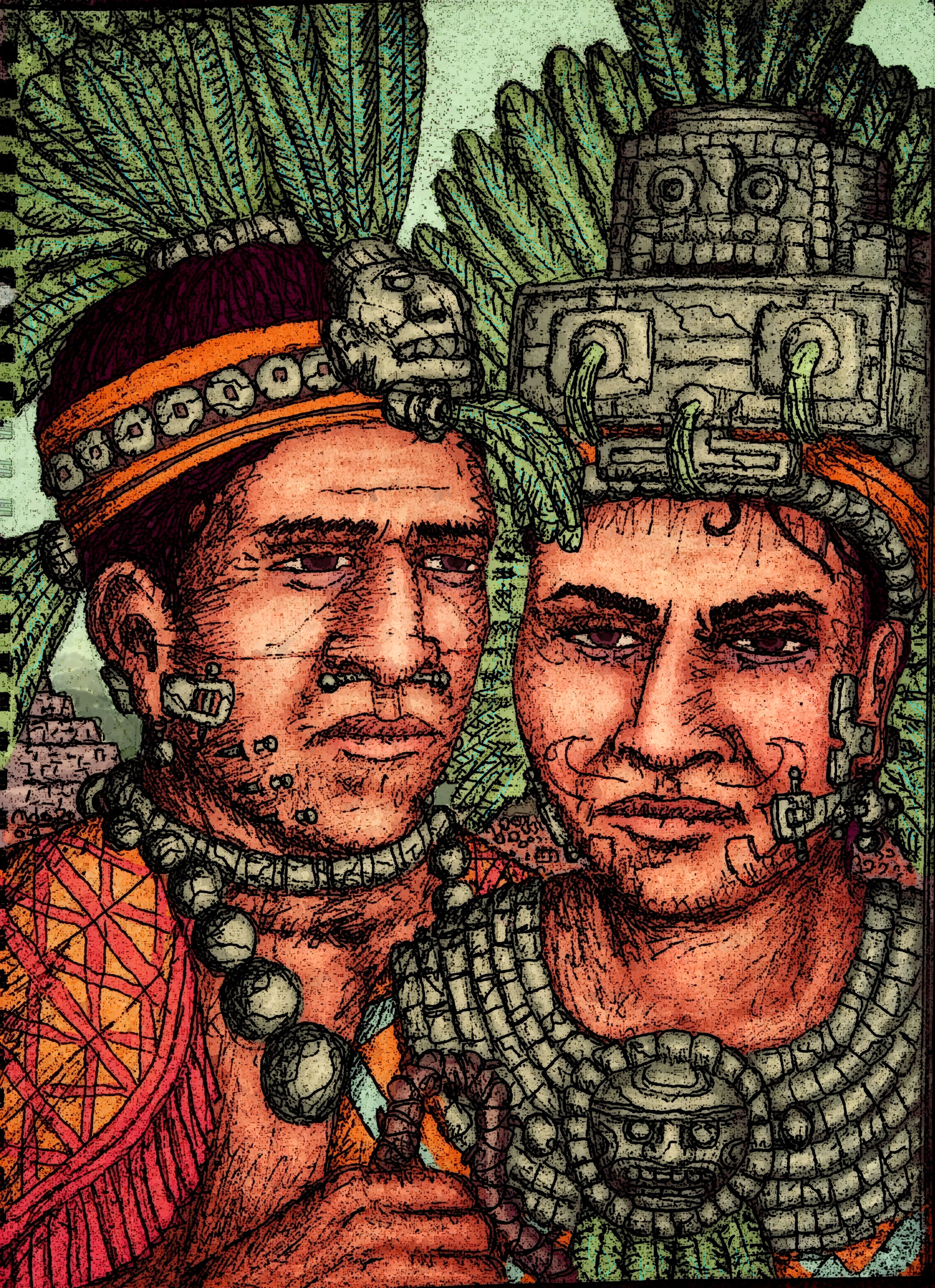 Accurate Illustration of Mayan King Bahlam III and Lady Xoc based on Yaxchilan lintel