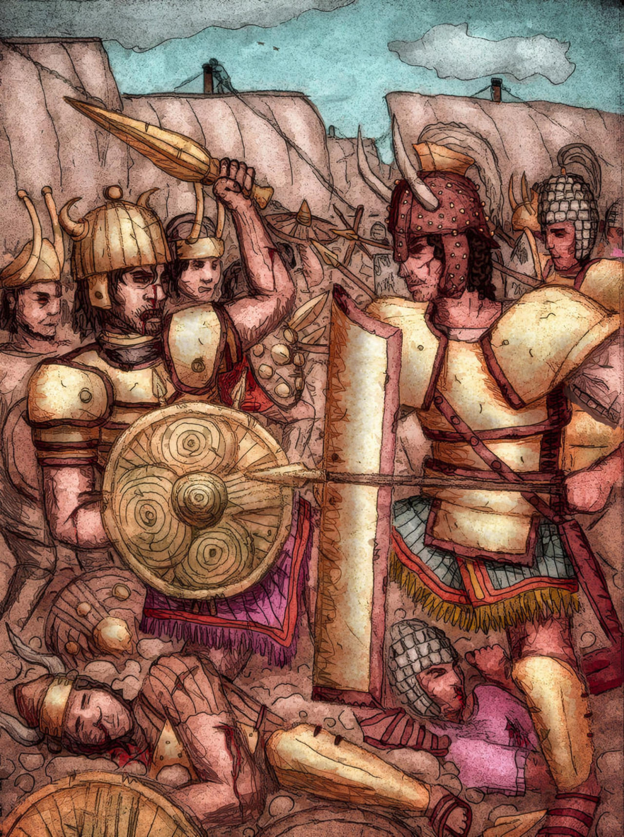 Illustration showing Nuragic Sherden sea warriors and Mycenaean ancient Mediterranean people