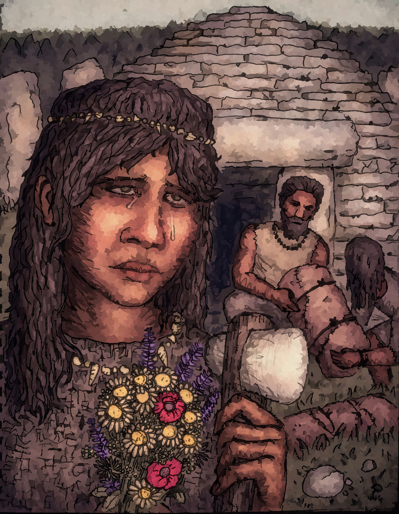 Neolithic woman standing near burial dolmen representing ancient funerary rites