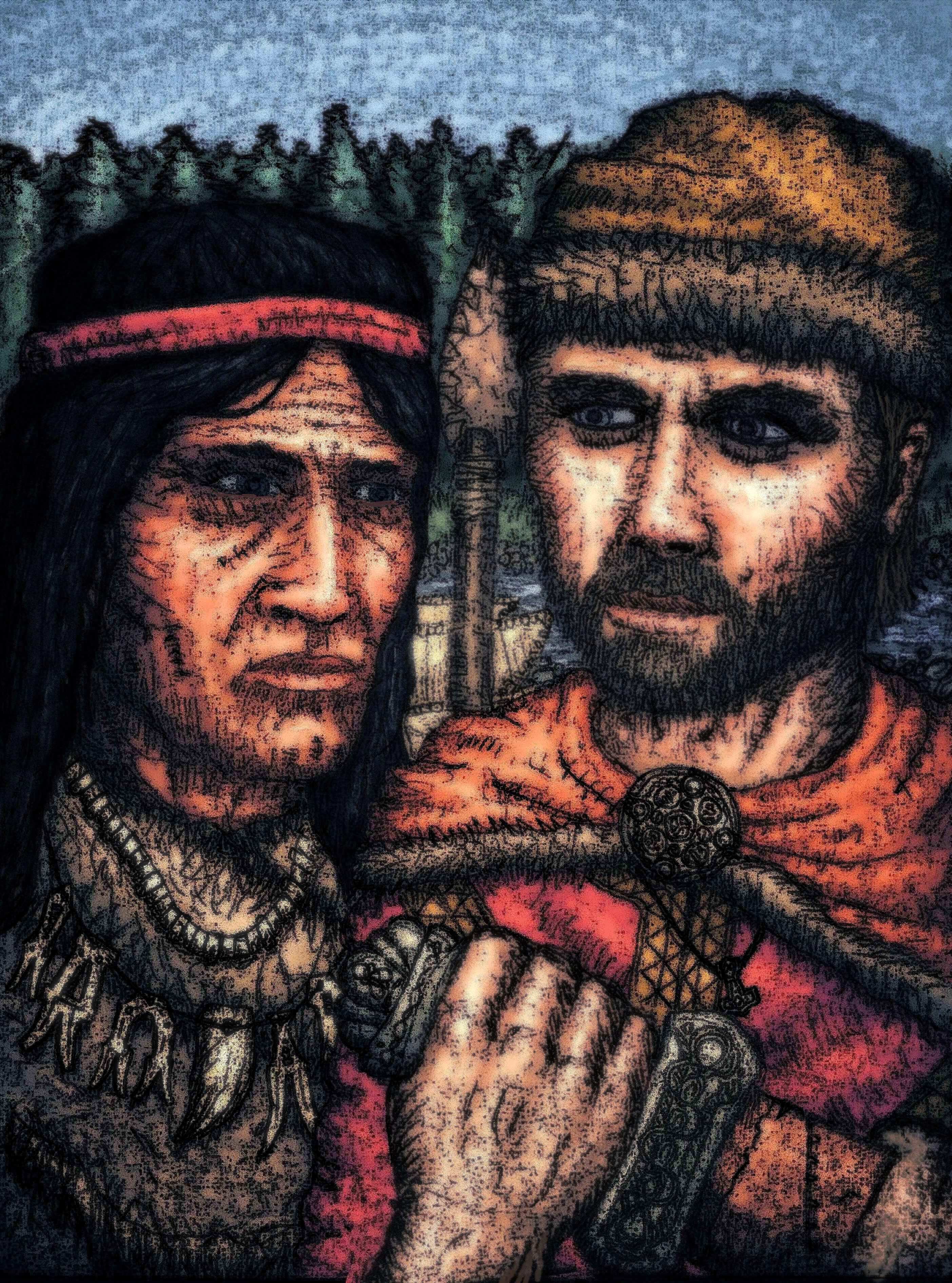 vikings meeting the skraelings, indigenous beothuk and thorfinn karlsefni